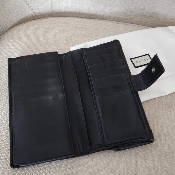Gucci GG Black Guccissima Long Trifold Snap Wallet W/ Gucci Gold Horsebit Accent - Picture 11 of 16